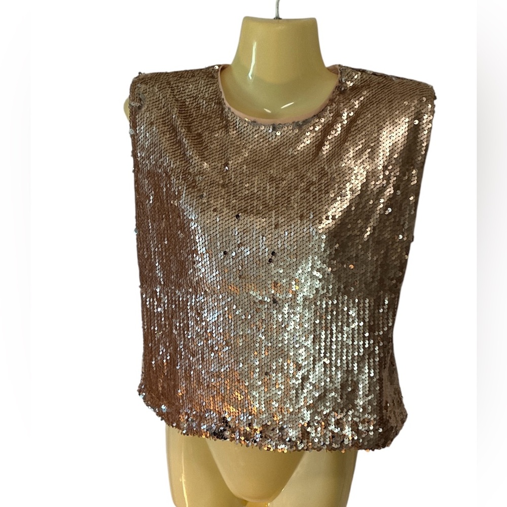 TCEC Cropped Sequin Top Sleeveless Back Zip Shiny Holiday Party Festive Gold Sm